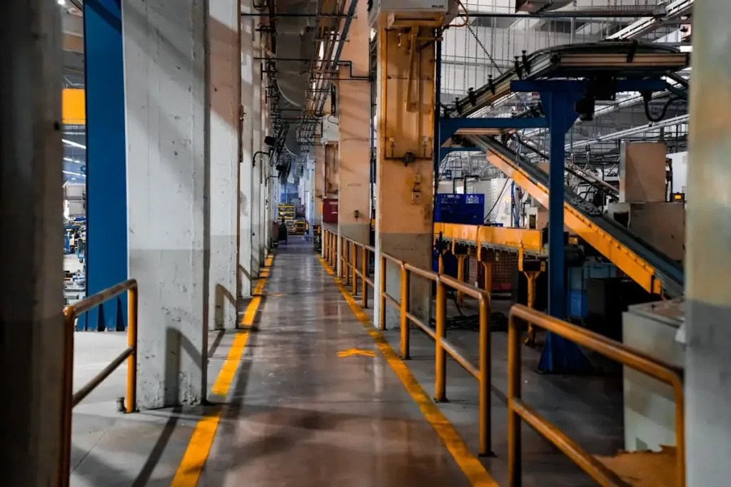 Interior pabrik modern dengan mesin produksi dan conveyor